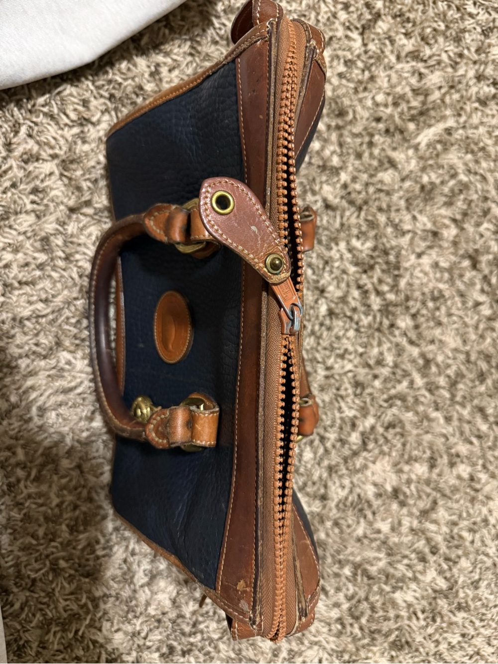 Dooney & Bourke Navy and Brown Leather Trim Satchel